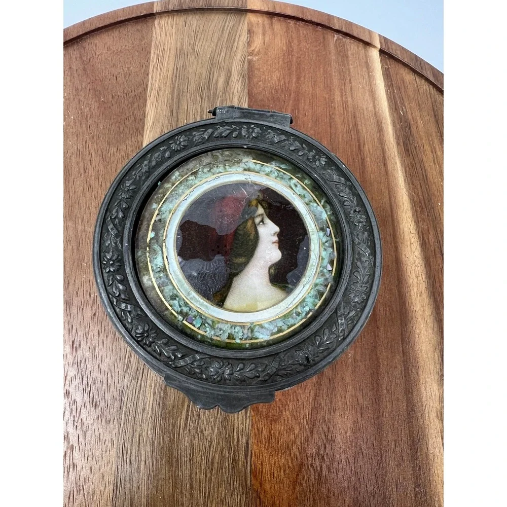 Antique Glass Jar Ornate Metal Lid Portrait Miniature Art Deco Vanity‎ Container